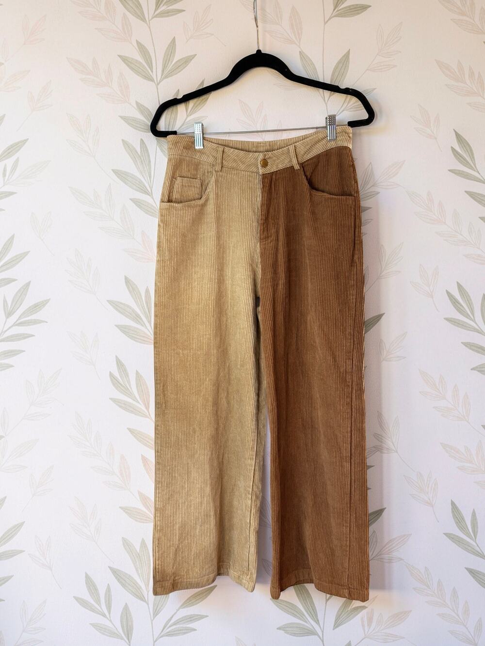 Cider Two Tone Corduroy Pants Womens M Brown Tan Colorblock Straight Leg NWOT